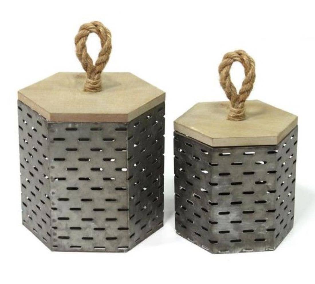 HomeRoots - Set of 2 Rustic Farmhouse Decorative Metal Canisters