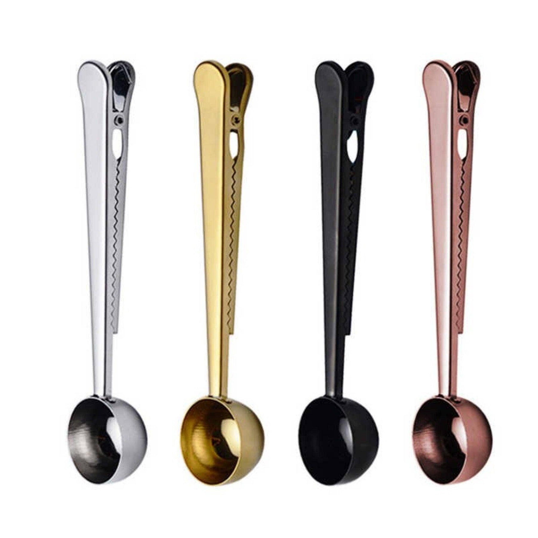 Gold finished coffee measuring scoop with bag clip (set of 2